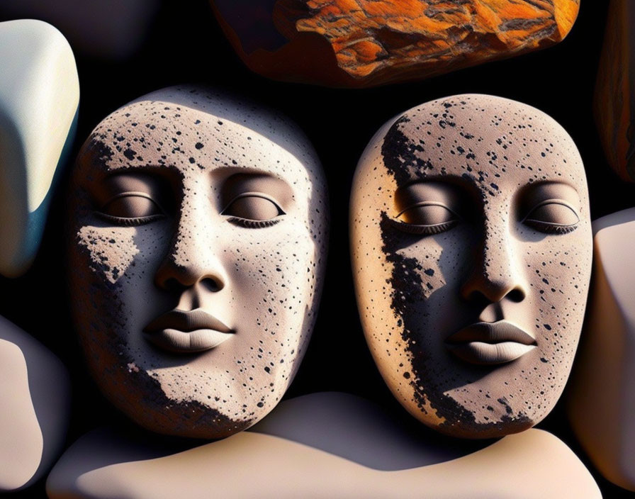 Serene stone mask sculptures on textured rocks