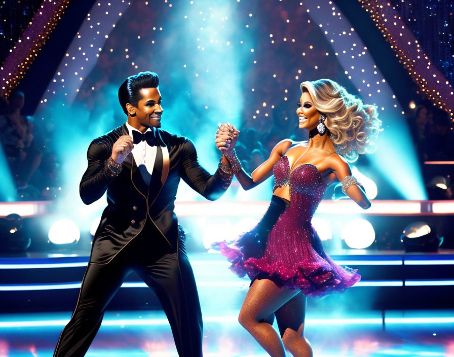 Dancers in tuxedo and sequined dress under spotlight