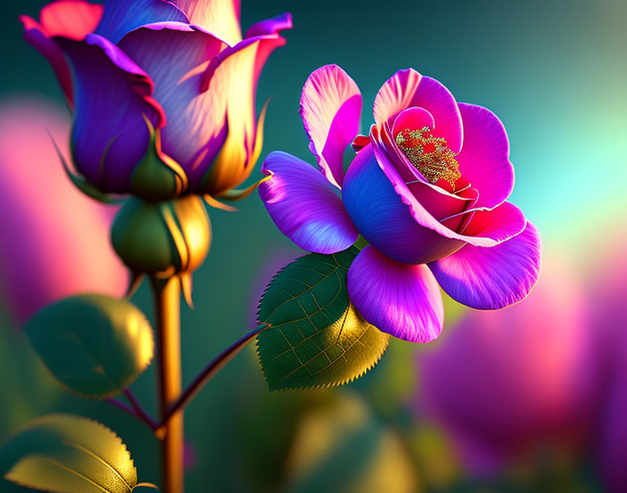 Colorful digital artwork featuring a vibrant rose with blue and pink petals, golden stems, and detailed green