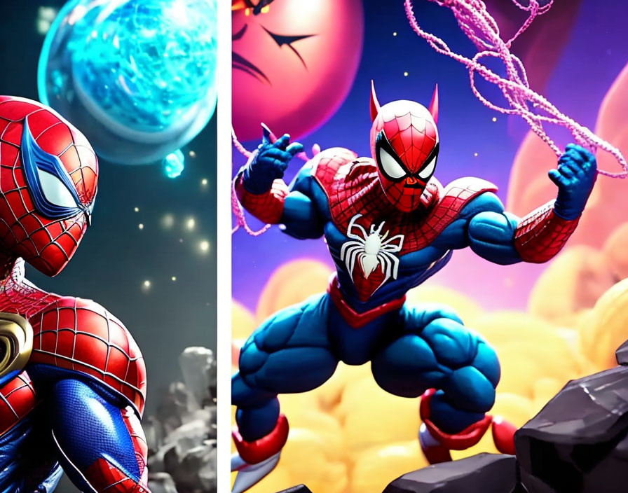 Spider-Man dynamic poses in vibrant comic book backgrounds