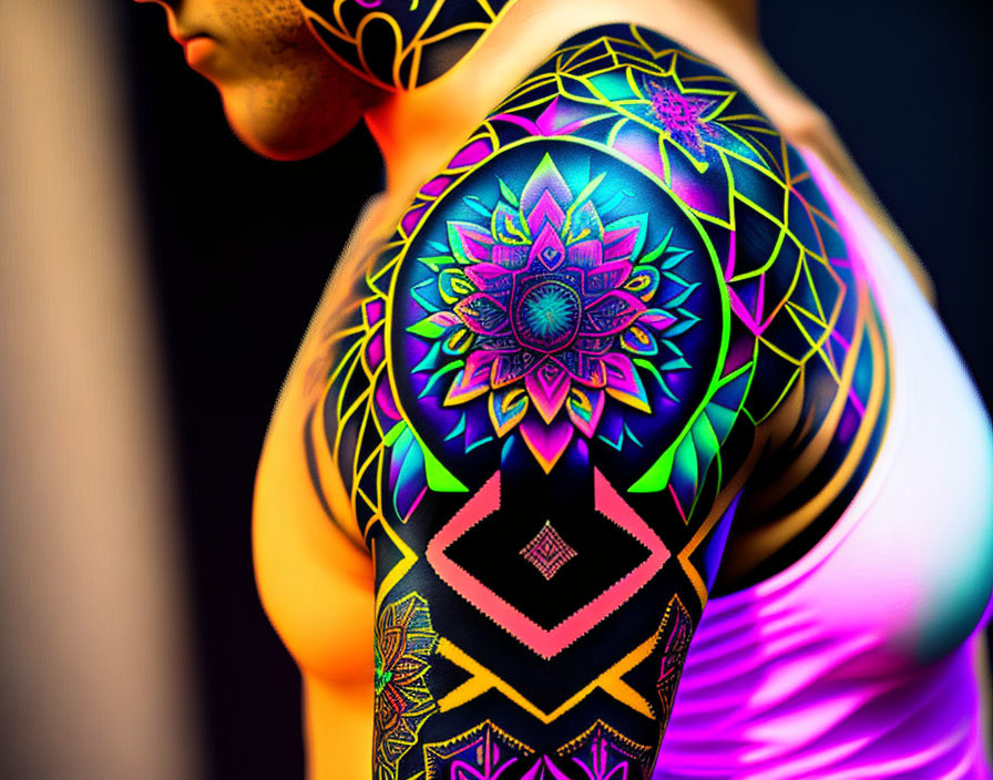 Colorful Geometric and Floral Shoulder Tattoo on Person