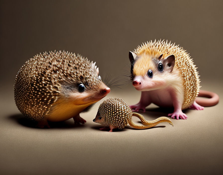 Three hedgehogs and a lizard on beige background