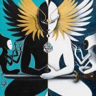 Split digital artwork: Figure in suit with winged helmet, one dark with blue glow, other celestial