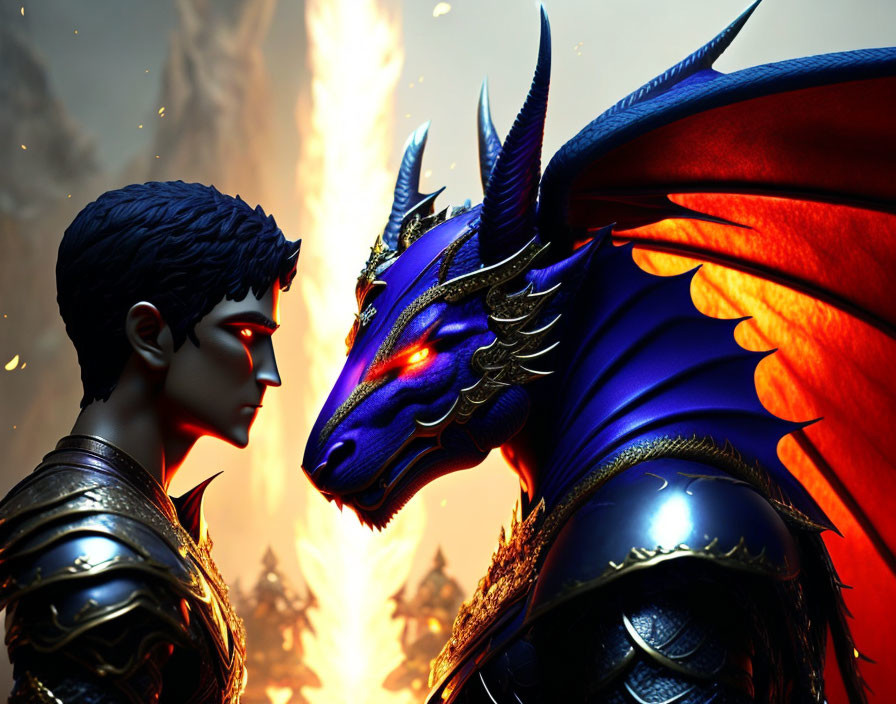 Black-armored warrior confronts blue dragon in fiery setting