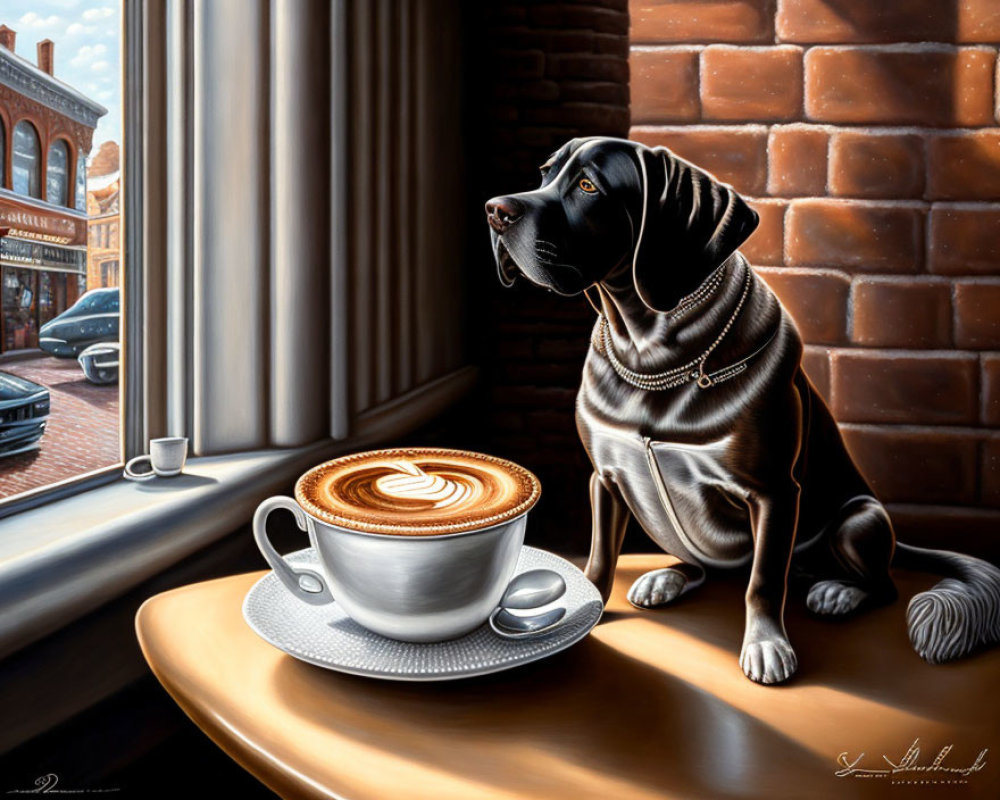 Black Dog with Collar Sitting at Table by Window with Coffee Cup and Urban Scenery