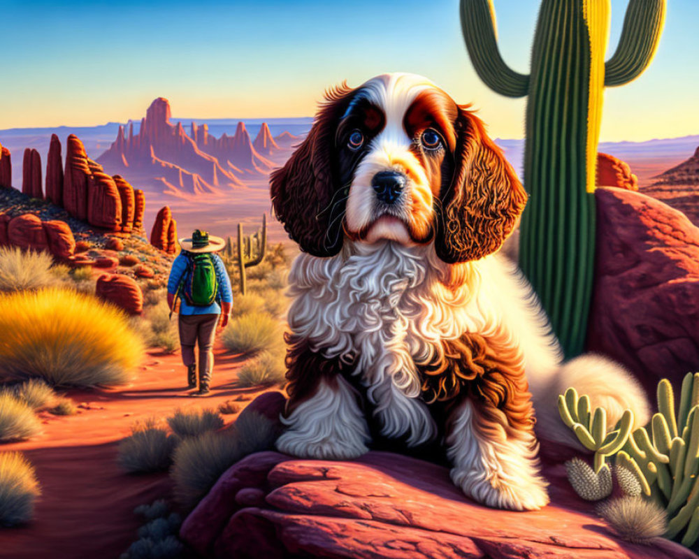 Colorful desert landscape with spaniel dog, hiker, and cacti at sunset