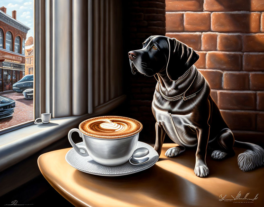 Black Dog with Collar Sitting at Table by Window with Coffee Cup and Urban Scenery