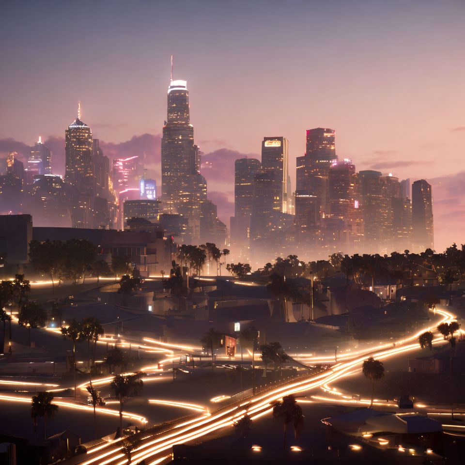 Twilight cityscape with illuminated skyscrapers and car light streaks