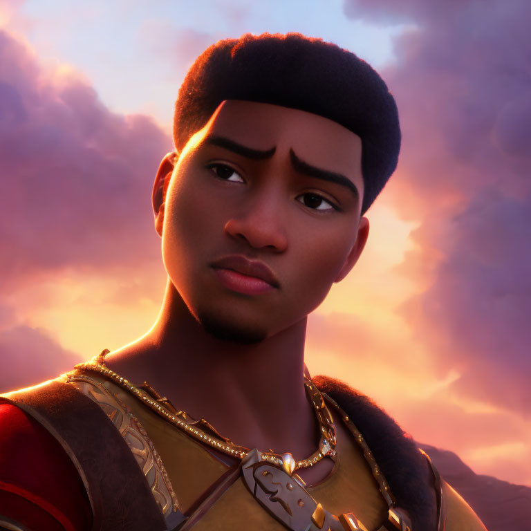 Solemn young male character in golden armor against dusk sky