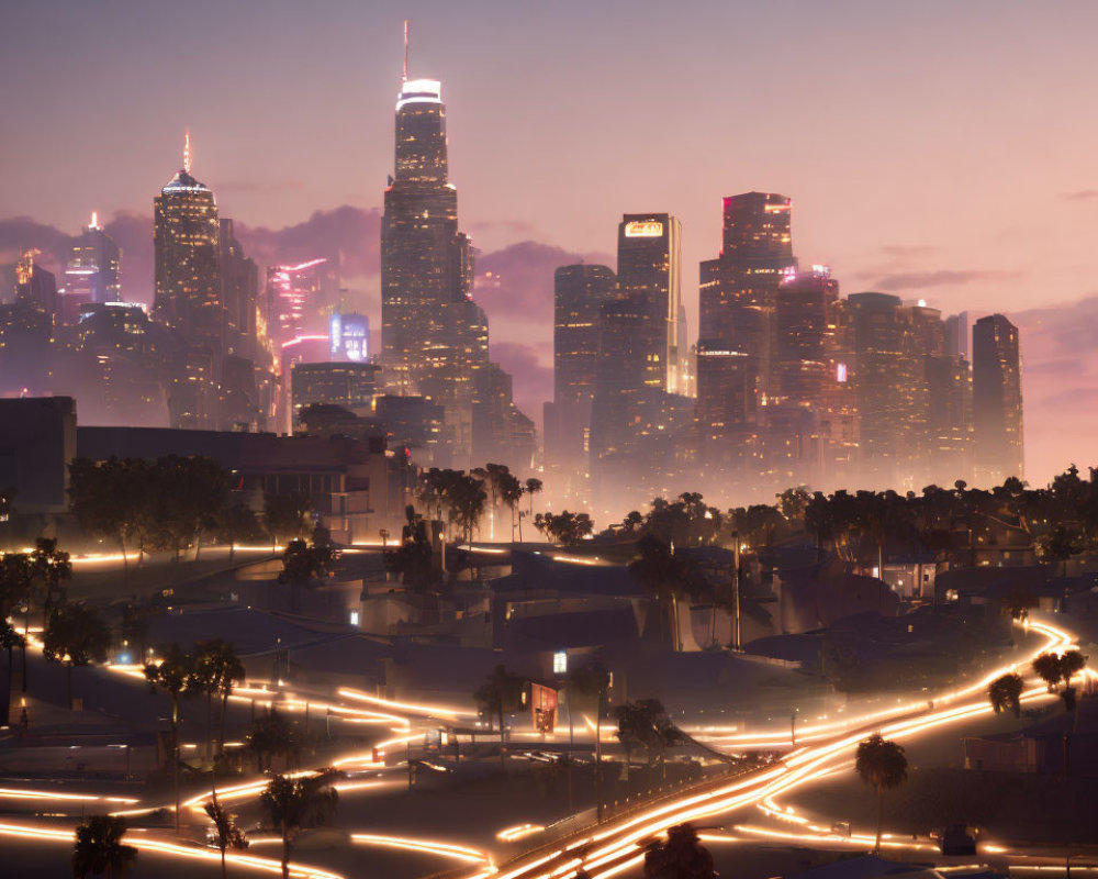 Twilight cityscape with illuminated skyscrapers and car light streaks