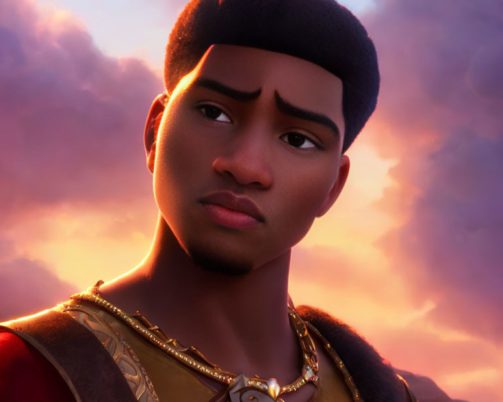 Solemn young male character in golden armor against dusk sky