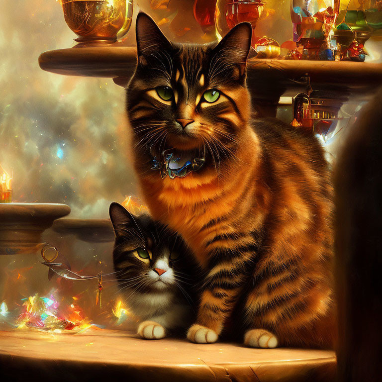 Two cats in mystical setting with glowing eyes, potions, and fire