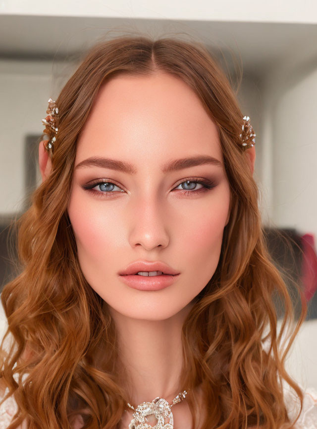 Woman with Subtle Makeup, Wavy Hair, Jeweled Hairpins, and Sparkling Necklace