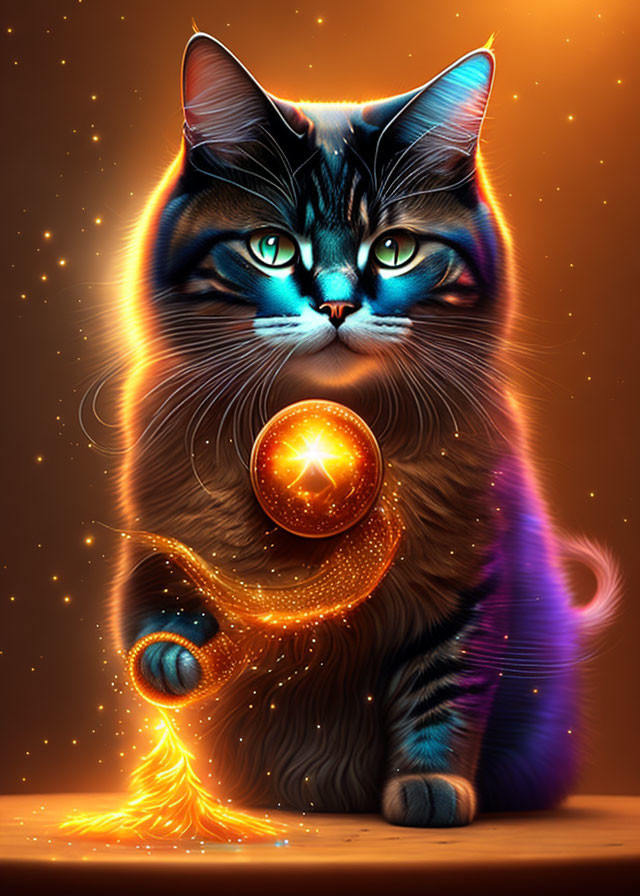 Cosmic cat with blue eyes and glowing fur on orange background