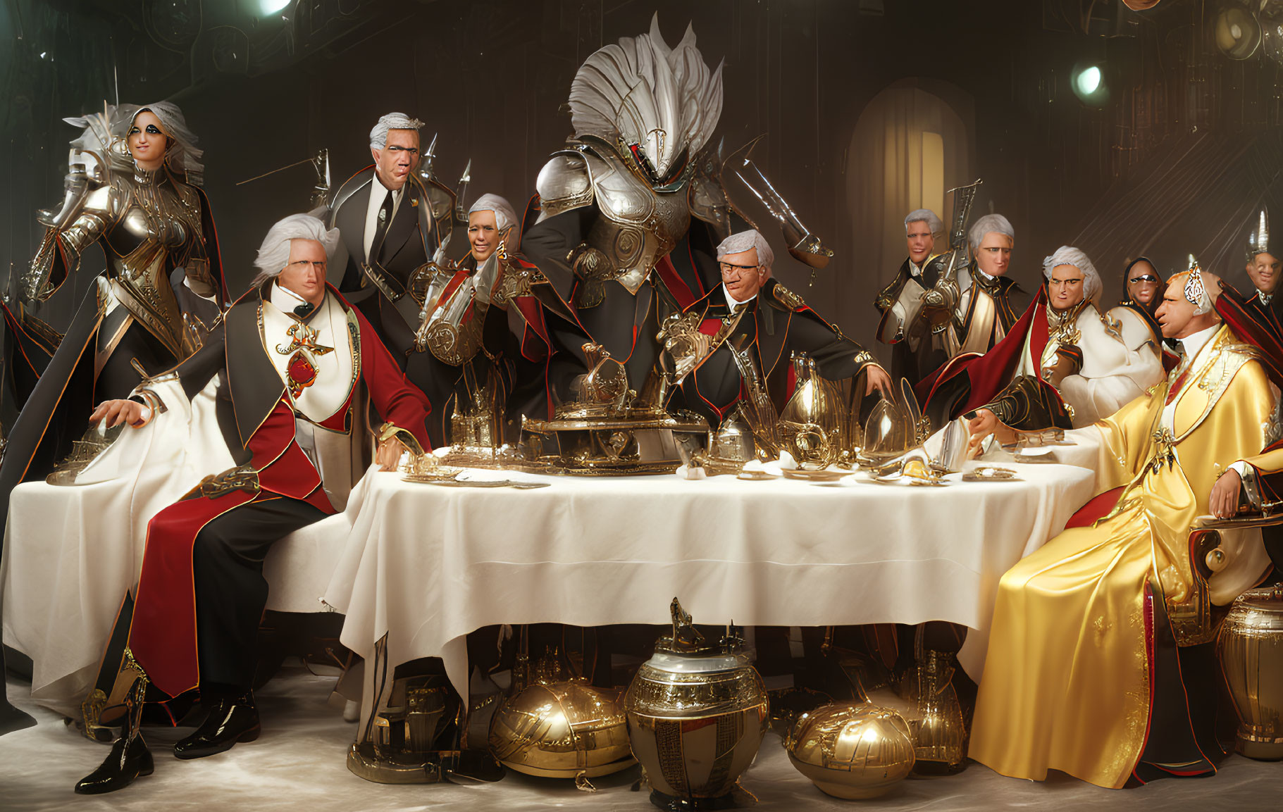 Opulent medieval fantasy feast with armored figure