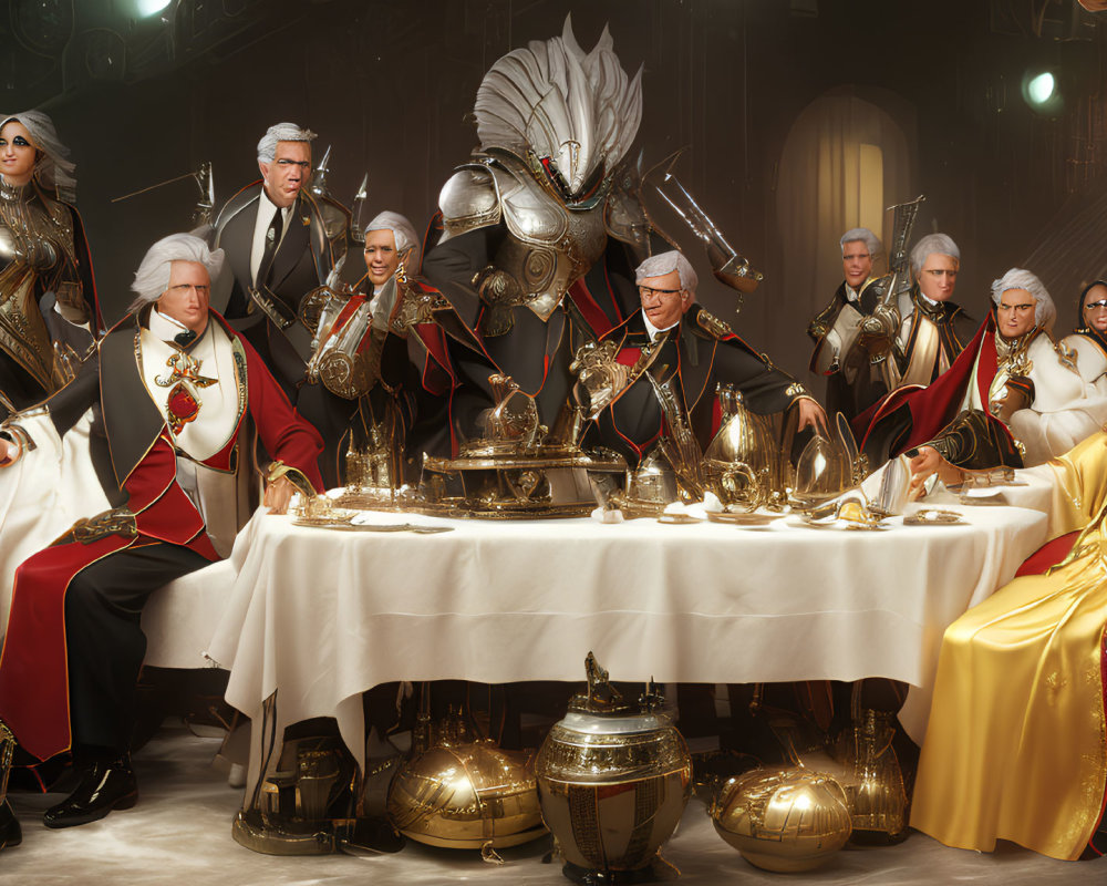 Opulent medieval fantasy feast with armored figure