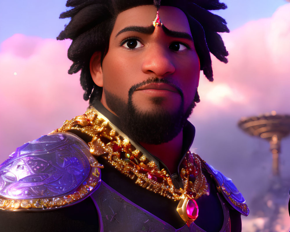 Animated character in gold-trimmed armor and jewel-encrusted headpiece under warm sky