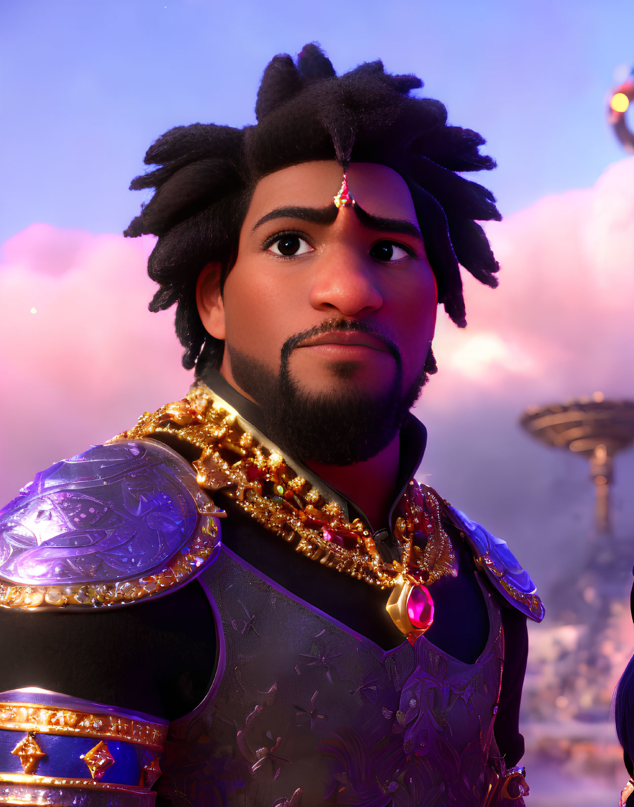 Animated character in gold-trimmed armor and jewel-encrusted headpiece under warm sky