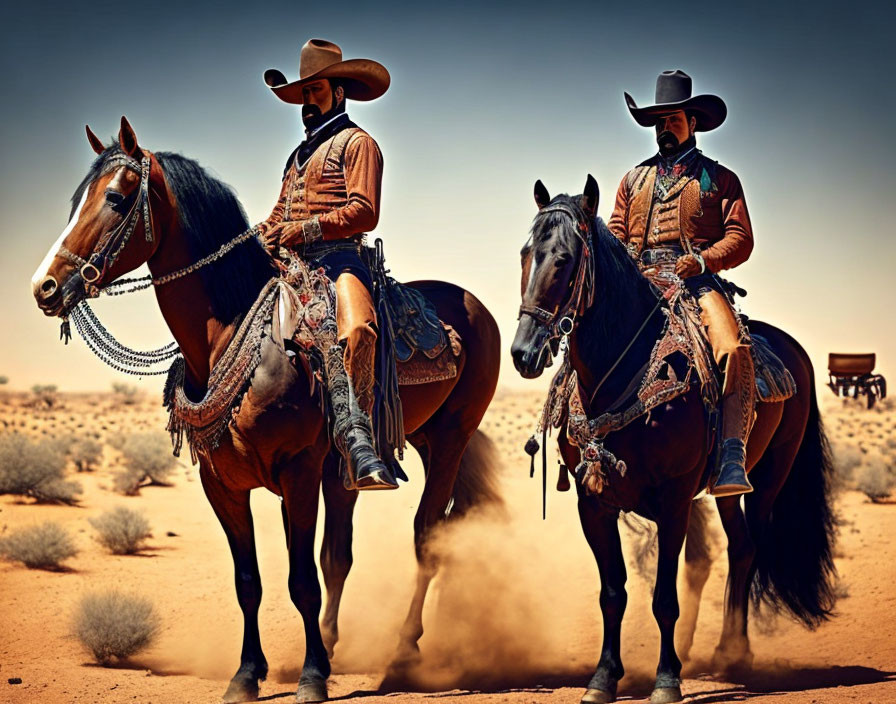 Cowboys on horses in Western attire with covered wagon in desert landscape