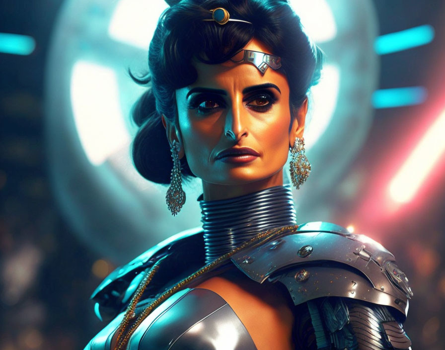 Stylized female warrior in elaborate armor against futuristic backdrop