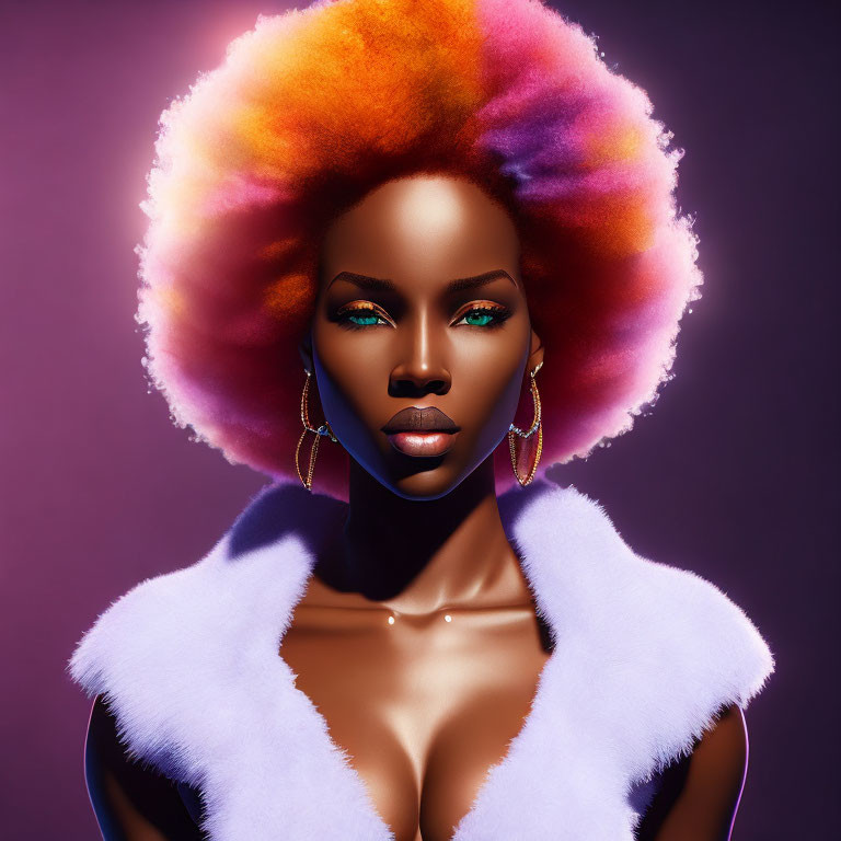 Vibrant multicolored afro hairstyle and striking makeup portrait