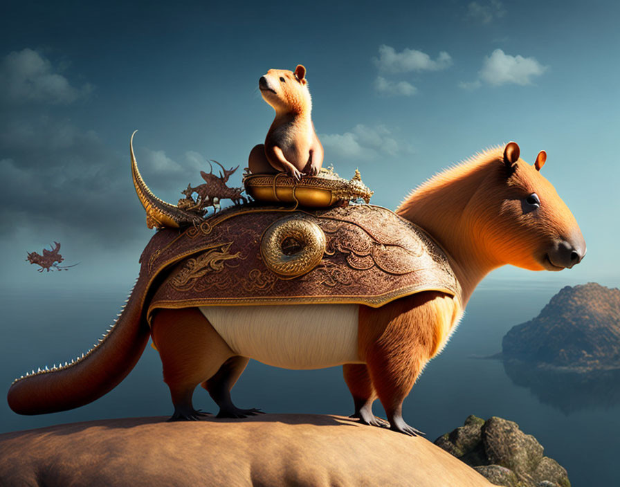 Whimsical small rodent riding capybara with golden saddles in fantastical sky