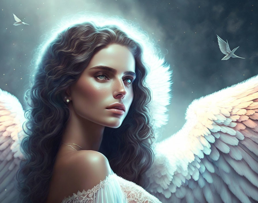 Detailed digital artwork of a woman with angel wings in elegant white dress against starry sky