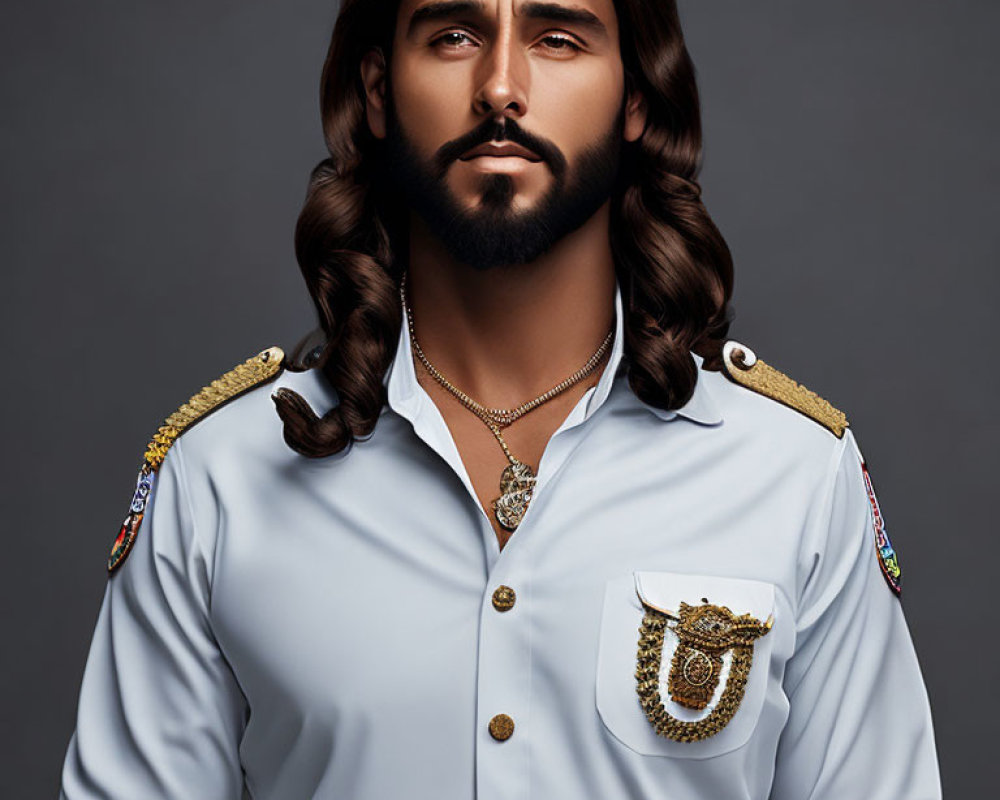 Stylized portrait of man with long hair, beard, and military shirt