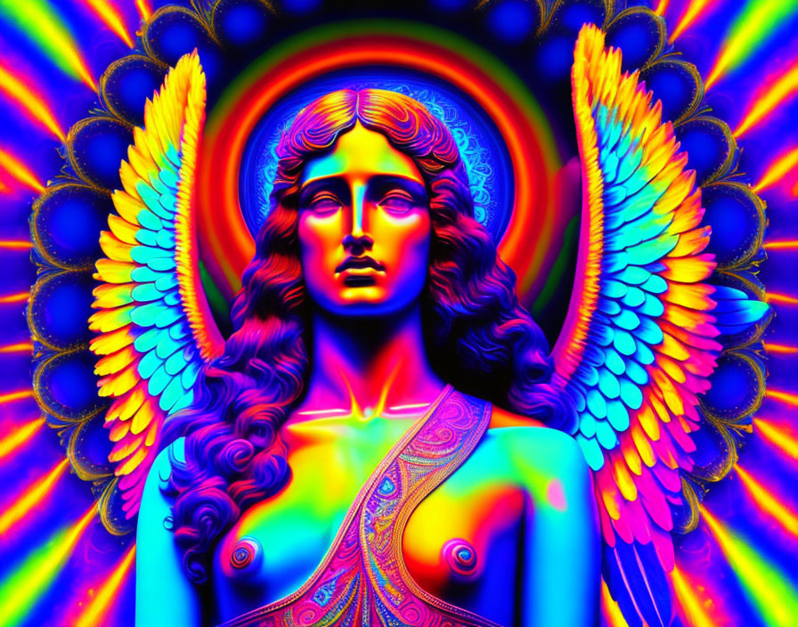 Colorful Psychedelic Angelic Figure with Wings Artwork