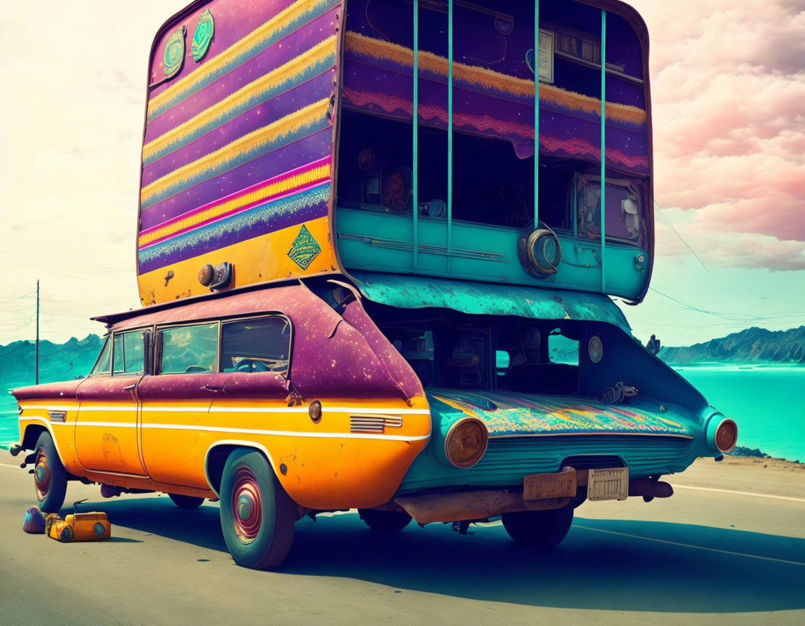 Vintage Yellow and Purple Car with Double-Decker Bus on Coastal Background