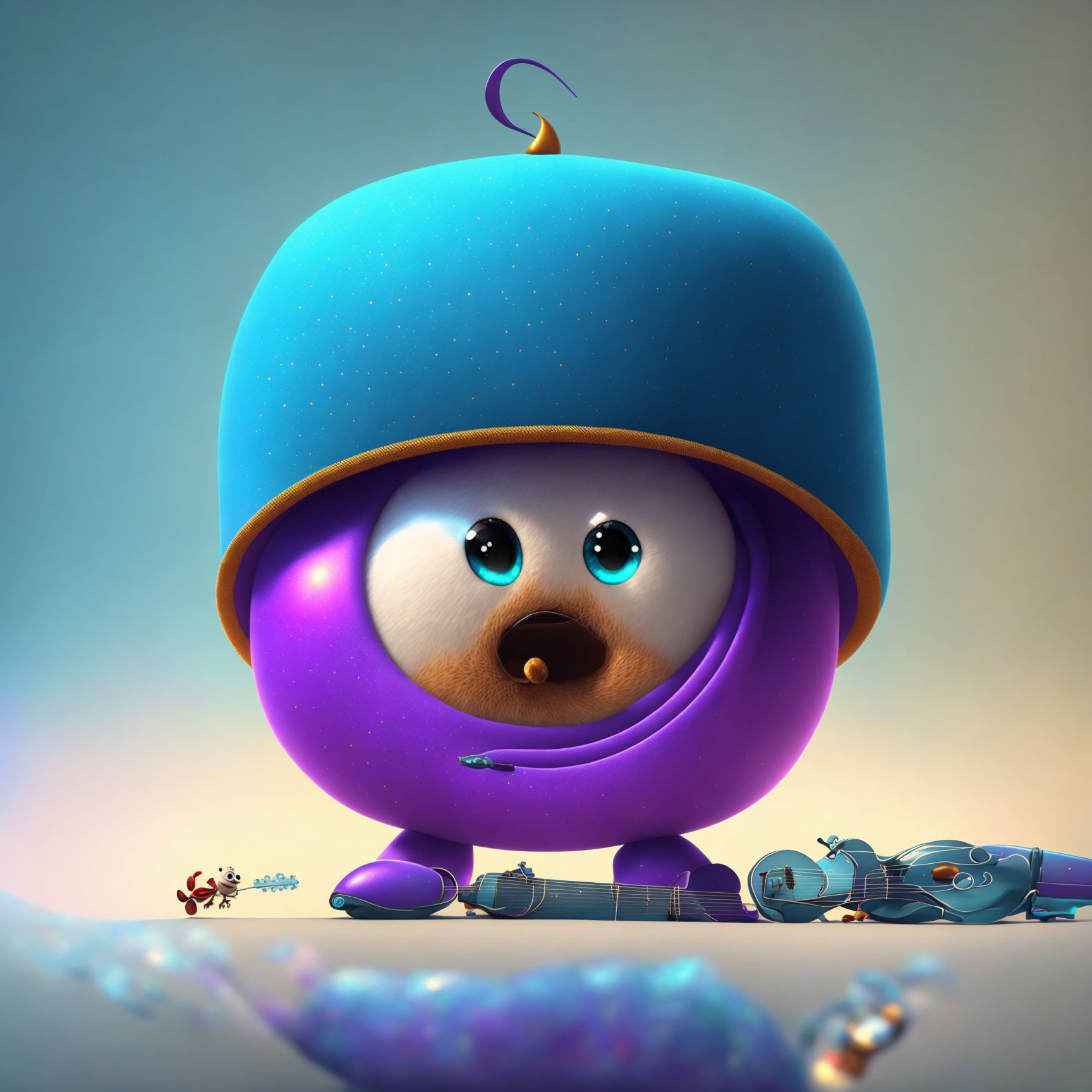 Whimsical 3D animated character in cosmic helmet surrounded by robots & spaceship