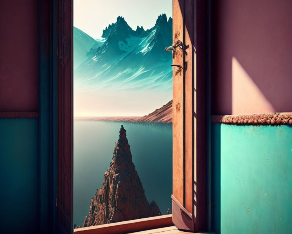 Room door opens to surreal landscape: rocky peak, tranquil sea, towering mountains, pink sky