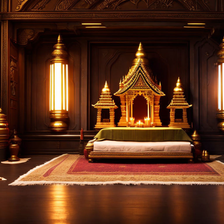 Luxurious room with dark wood paneling, golden Buddhist shrine, candles, and green bedding