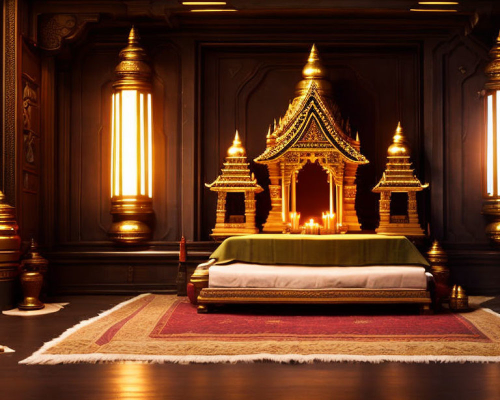 Luxurious room with dark wood paneling, golden Buddhist shrine, candles, and green bedding