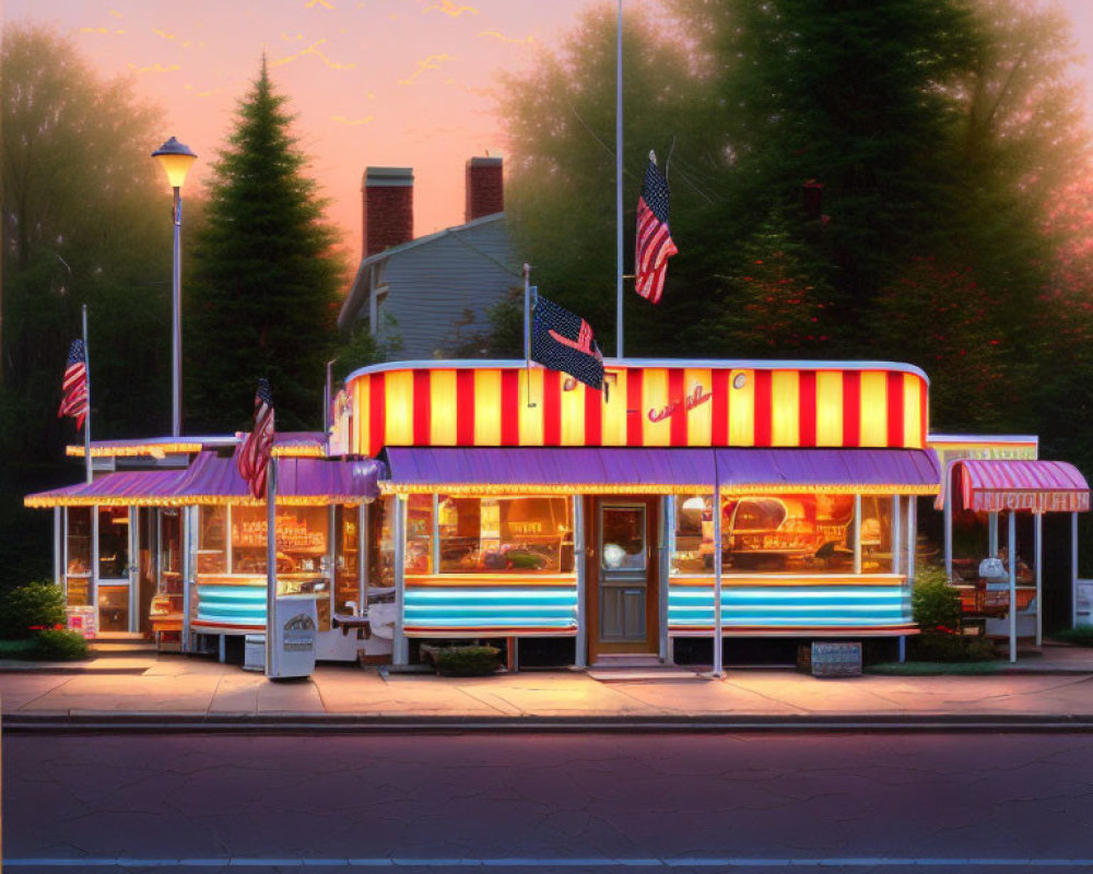 Twilight vintage-style diner with neon lights and American flags