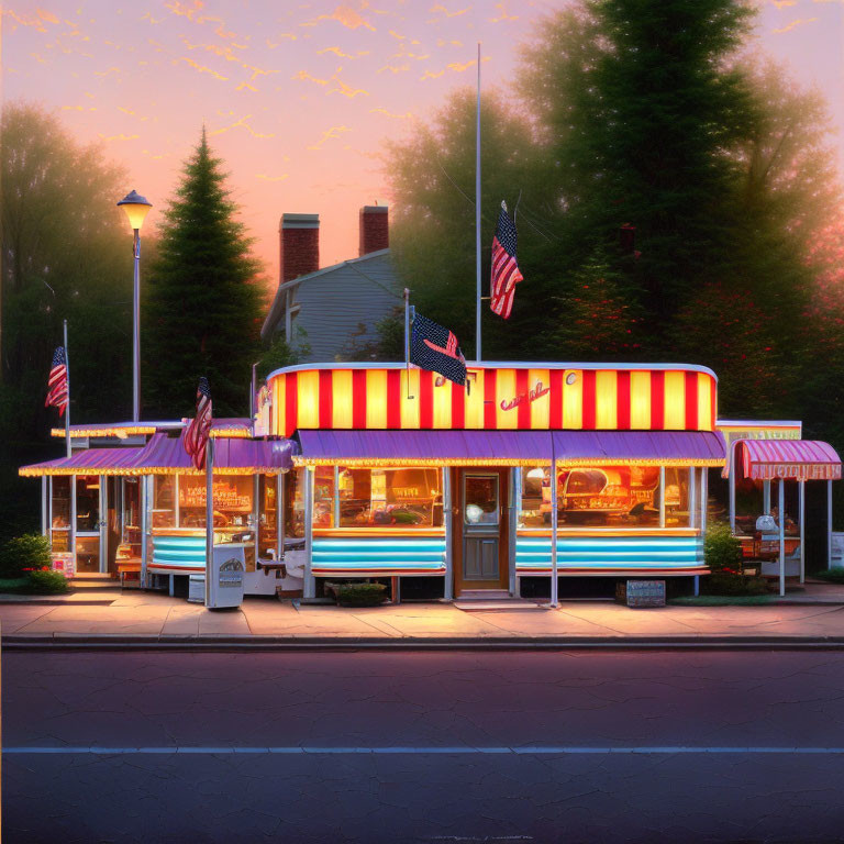 Twilight vintage-style diner with neon lights and American flags