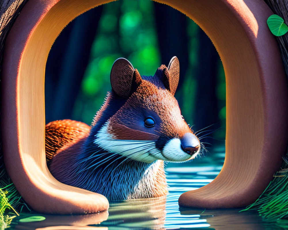 Cartoon squirrel peeking through wooden ring on green and blue background