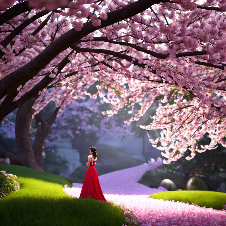 Woman in Red Dress Surrounded by Cherry Blossoms and Greenery