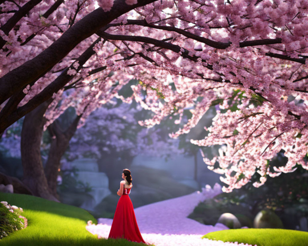 Woman in Red Dress Surrounded by Cherry Blossoms and Greenery