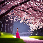 Woman in Red Dress Surrounded by Cherry Blossoms and Greenery