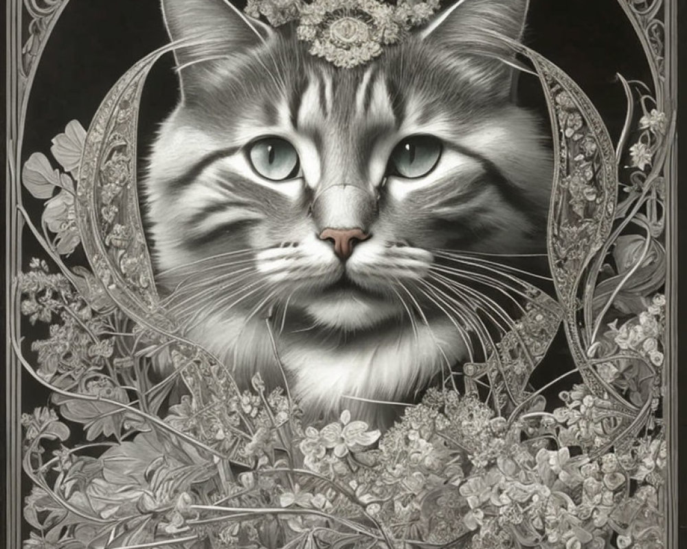 Detailed black and white cat illustration with crown and floral patterns in ornate frame