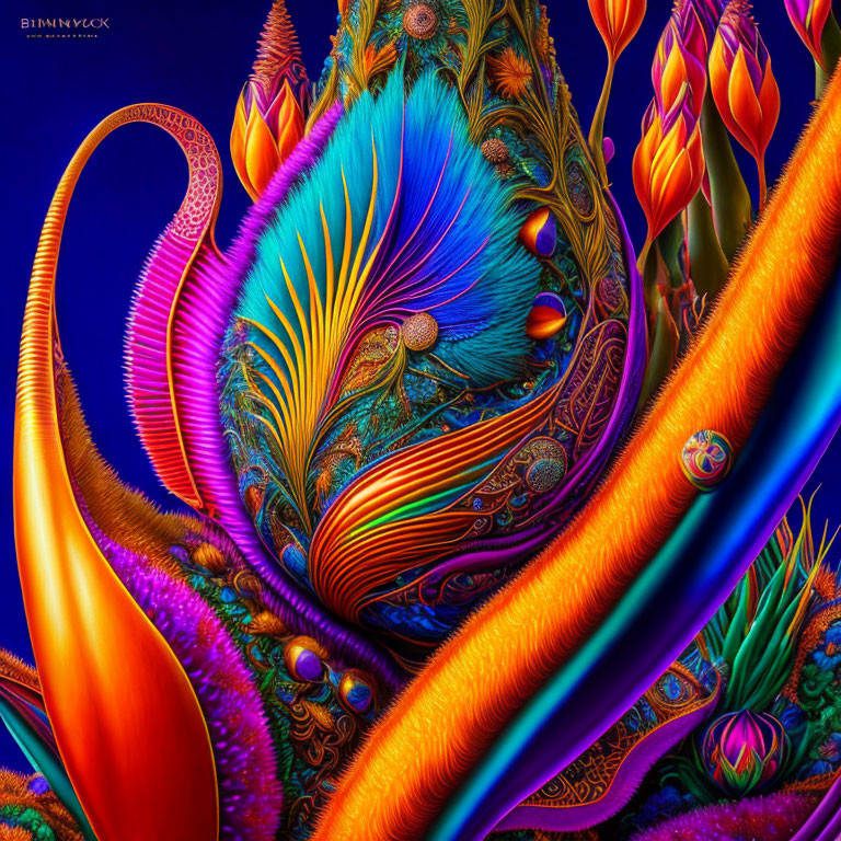 Abstract digital art with vibrant peacock feather patterns and glowing textures