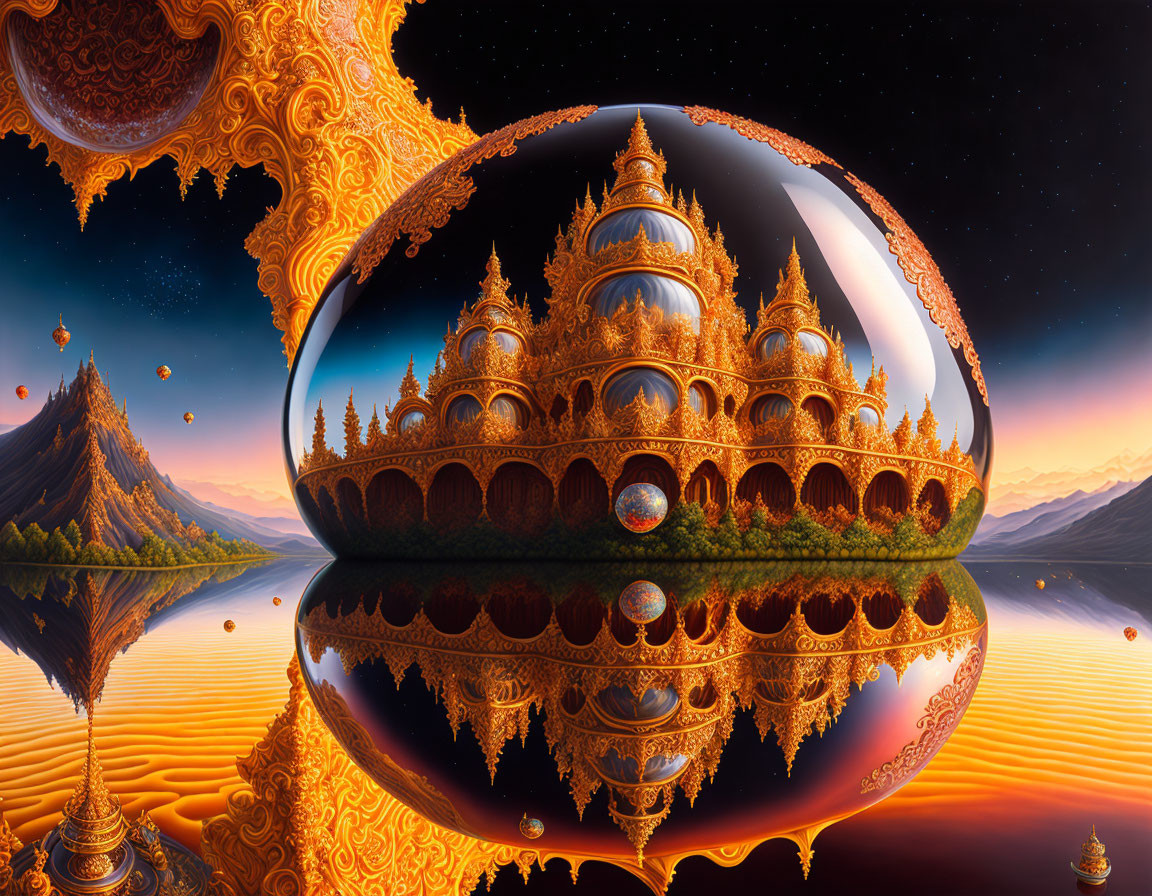 Fantastical landscape with ornate golden palace, mountains, and orange sky