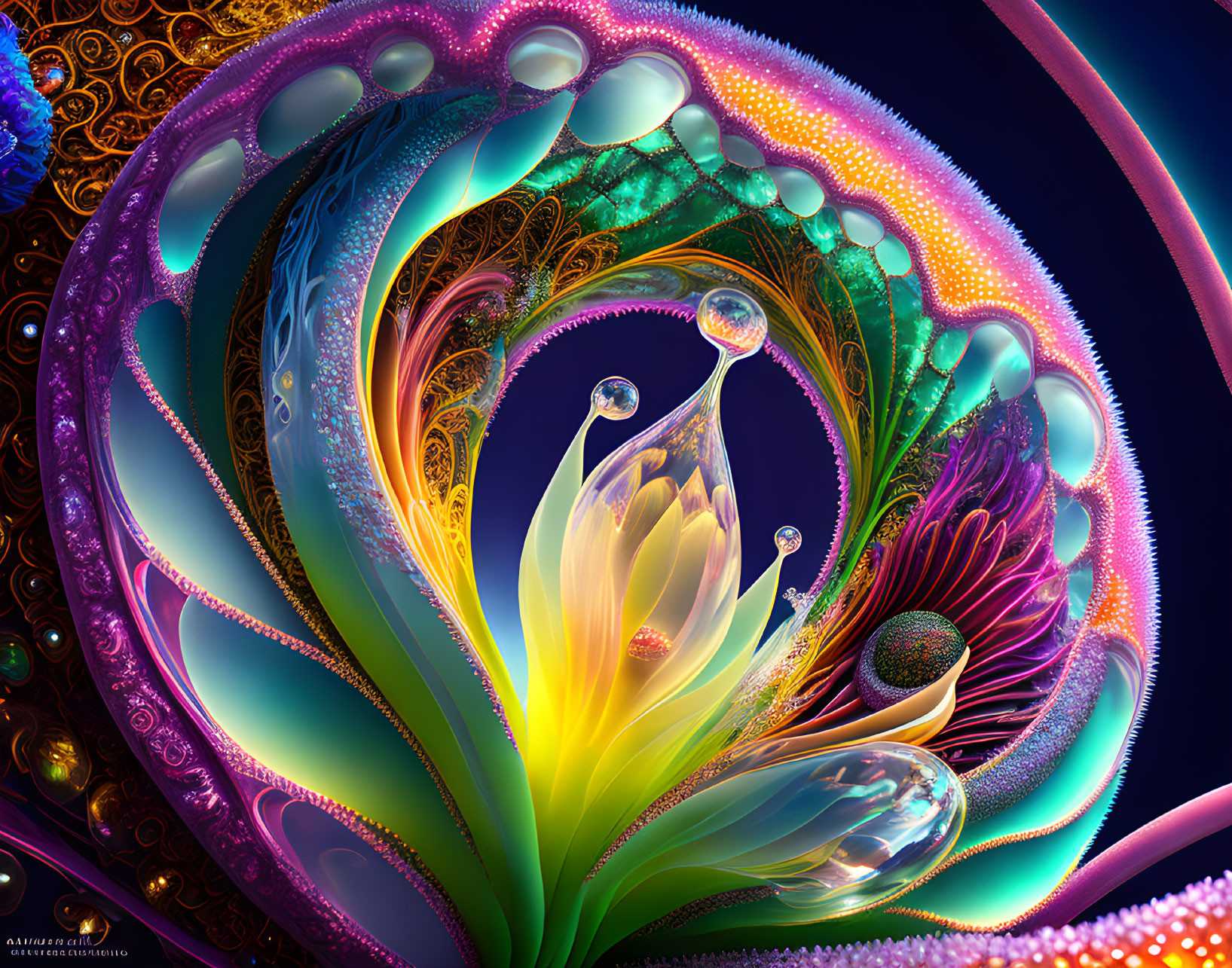 Colorful fractal digital art with floral patterns and swirling shapes