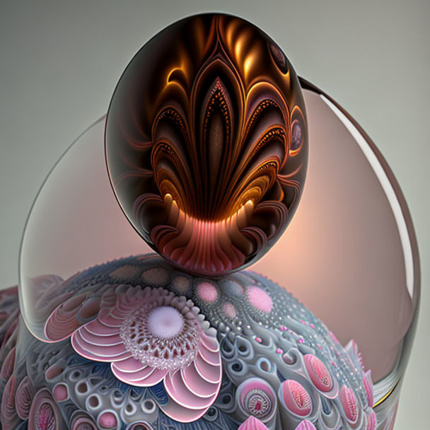 Intricate 3D fractal design with shell-like patterns in warm and cool tones