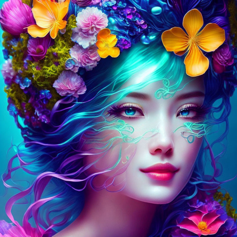 Colorful illustration of a woman with blue hair and floral eye designs