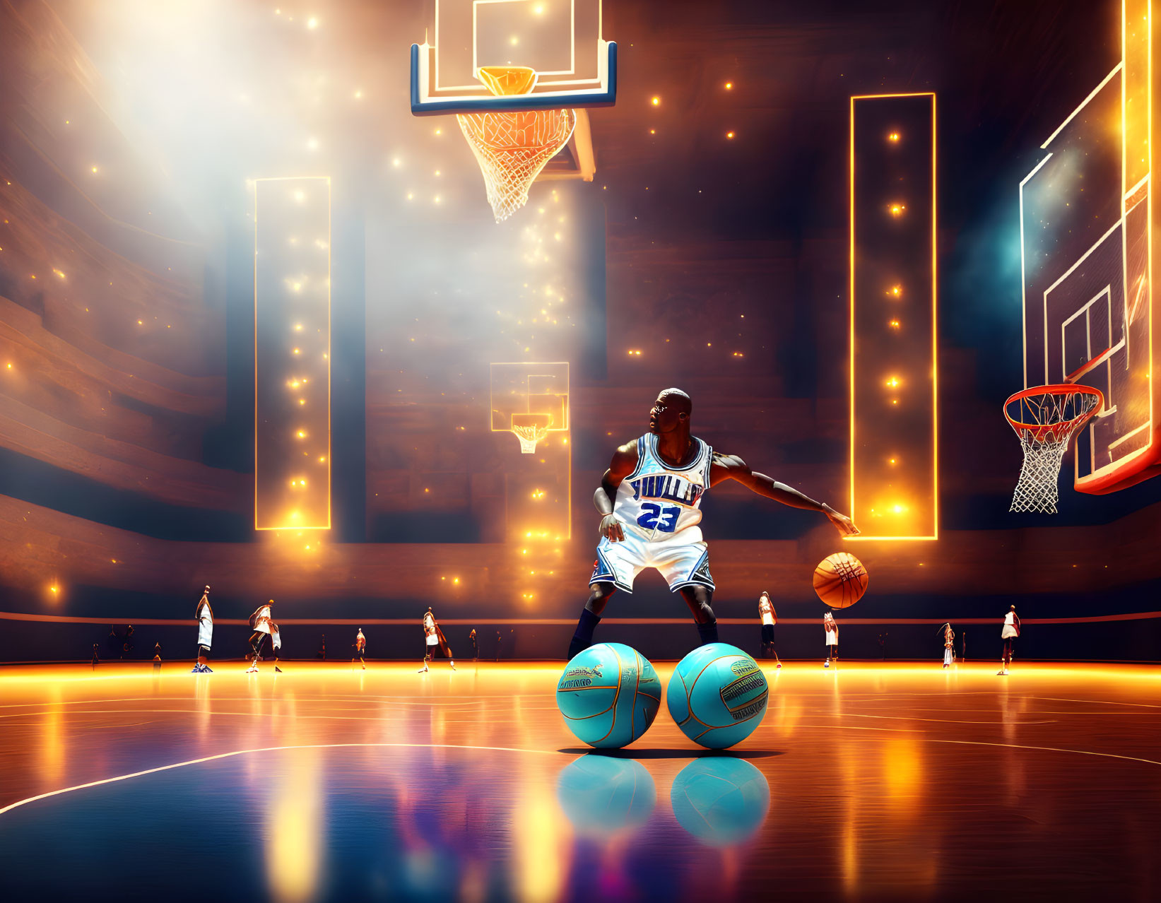 Vibrant basketball court scene with player dribbling amidst glowing lights