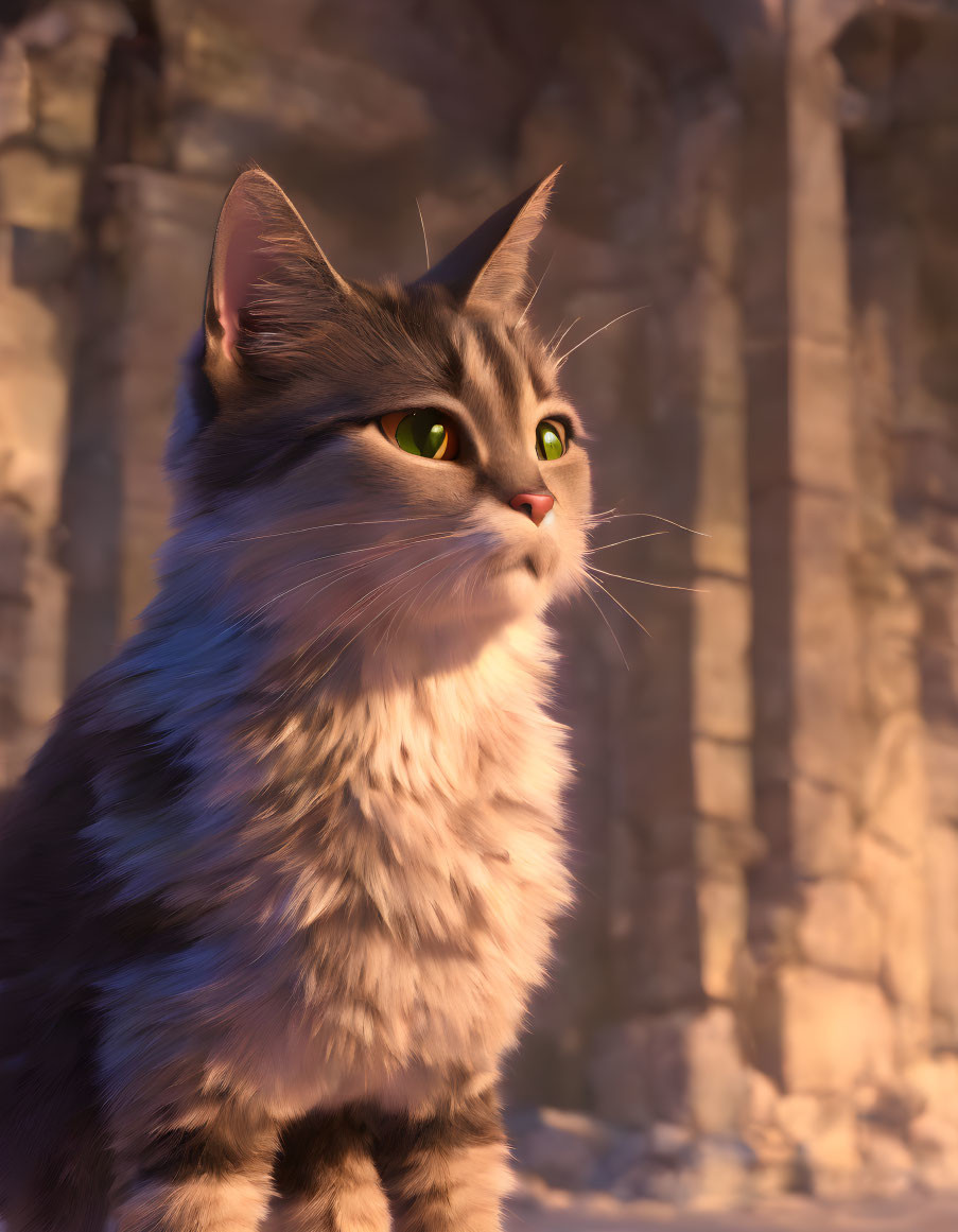 Grey and White 3D-Animated Cat with Green Eyes in Sunlit Ancient Ruins