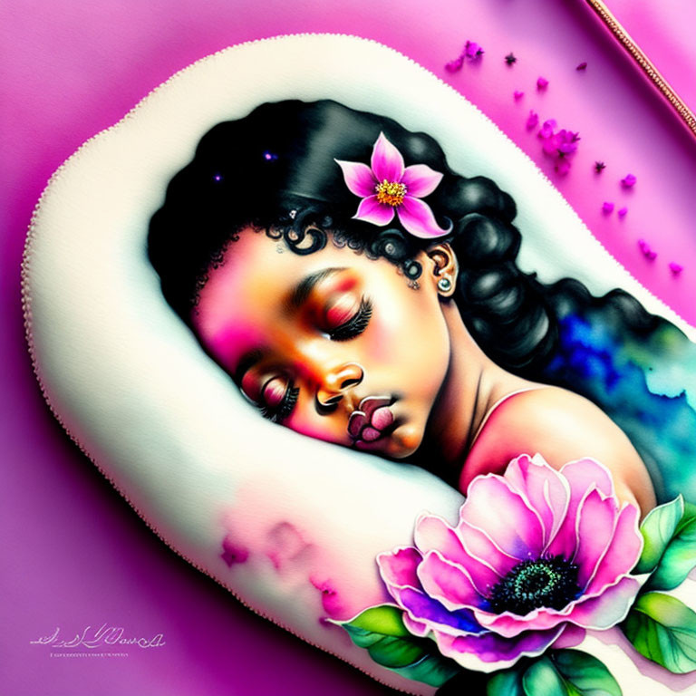 Vivid Sleeping Girl with Dark Hair Surrounded by Pink Flowers