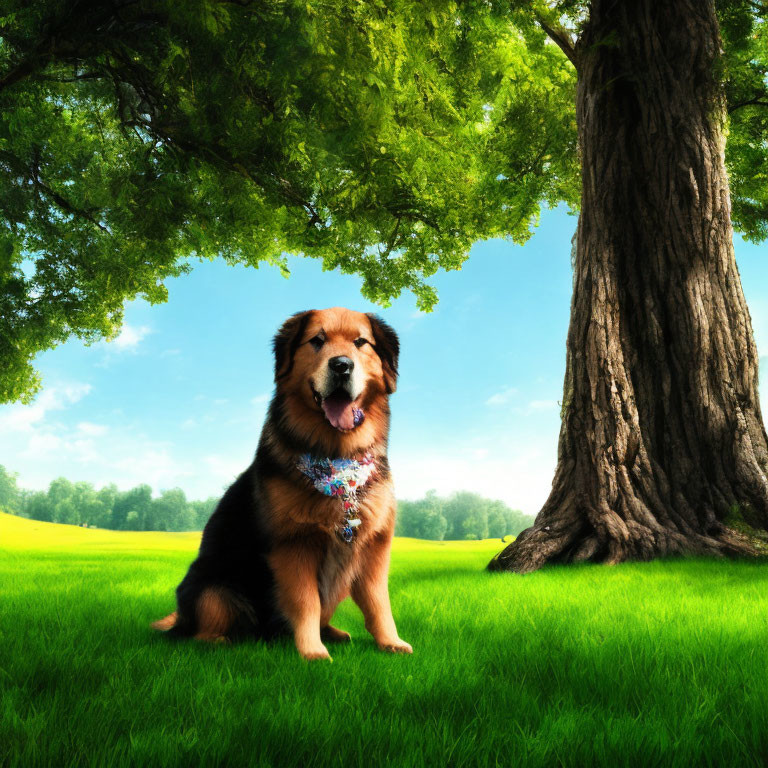 Brown and Black Dog with Blue Collar Sitting Under Tree on Grass